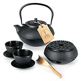 Lumaland Tee Set 8-teilig | 1,4 Liter Gusseiserne Teekanne Tetsubin | Stövchen aus Gusseisen | 2 Teebecher & 2 Untersetzer | Japanisches Teeset Inkl. Bambus Dosierlöffel & Edelstahl Sieb