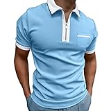 Poloshirts Herren Langarm Schwarz Herren Frühjahr und Sommer Mode Reißverschluss Kurzarm bedrucktes T-Shirt Shirt Top Tops Hochgeschlossen Herren (Z825Z_1-Light Blue, XXL)