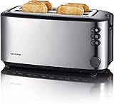 SEVERIN Automatik-Langschlitztoaster, Toaster mit Brötchenaufsatz, hochwertiger Edelstahl Toaster mit großen Röstkammern und 1400 W Leistung, Edelstahl-gebürstet/schwarz, AT 2509