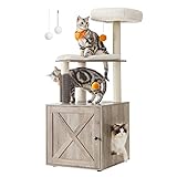 Feandrea WoodyWonders Kratzbaum mit Katzenklo-Schrank, 2-in-1 moderner Katzenbaum, 134 cm, mit Croomer, Kratzsäulen, Plattform, waschbare Kissen, Greige PCT115G01