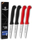 Fachwerk Gemüsemesser 4er Set – Küchenmesser aus Solingen, 7,5 cm Klinge, 2x rot & 2x schwarz – scharfes Schälmesser aus rostfreiem Edelstahl – Qualitätsmesser Made in Germany