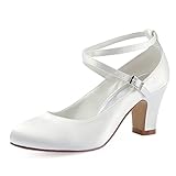 Elegantpark HC1808 Damen Krause Riemchen Blockabsatz Pumps Satin Hochzeit Brautschuhe Ivory Gr.39