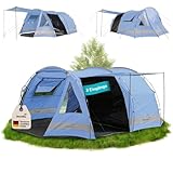 Skandika Kambo Tunnelzelt für 4 Personen | Zelt mit Schlafkabine für 4 Mann, Wasserdicht mit 3000 Wassersäule, 3 Eingänge, Sonnendach, Vorzelt | Campingzelt in blau
