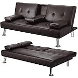 Yaheetech 3er-Sofa Schlafsofa Couch mit Tassenhalter Gästebett, Rückenlehne neigbar 105°/140°/180°, 167 x 81,5 x 75 cm, 350 KG belastbar, braun Kunstleder