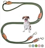 Leisegrün Hundeleine kleine Hunde leicht | Führleine 3m verstellbar mit 2 Karabiner | 3 Meter lang x 0,8 cm | Nur 200 g | Modell Devon | Olivgrün