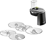 Bosch Zubehör-Set VeggieLove MUZ9VL1,Durchlaufschnitzler inkl.5 Scheiben(Schneid-Wende-Scheibe,Raspel-Wendescheibe,Reibescheibe mittelfein,für Asia-Gemüse und Rösti) für OptiMUM Küchenmaschine,Schwarz