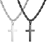 2 Stück Kreuzkette Kreuz Kette Herren Silber Schwarz Halskette Edelstahl Kubanische Kette Geschichtet Kreuz Anhänger Kubanische Gliederkette Abschluss Geburtstag Geschenke für Männer Schmuck Hip-Hop