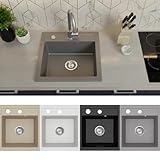 Faizee Möbel | Spülbecken Granit Grau 49x52 cm | Hochwertige Küchenspüle & Einbauspüle | Eckiges Spülbecken | Beidseitig montierbare Granitspüle | Einbaugranitspüle ab 45 cm | Inkl. Siphon-Set