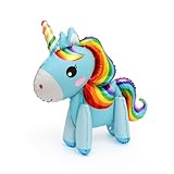 Aufblasbares Einhorn Luftballon, Blau mit Regenbogenmähne, Folienballon Einhorn, Stehend Einhorn Deko, Kindergeburtstag Partydekoration für Kindergeburtstag
