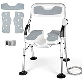 DEWEL Duschstuhl Klappbar mit Rückenlehne und Armlehne, Werkzeugfreie Montage, Mit Rille, Höhenverstellbarer, Tragfähigkeit von 150 kg (Grau)