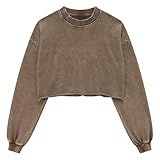 Hixiaohe Cropped-Sweatshirts für Damen, Vintage-Stil, langärmelig, mit Säurewaschung, Sweatshirt für Damen, Workout, bauchfreies Top, Kaffee, M