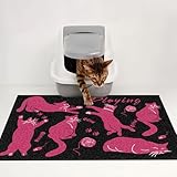 MIAOWSSS Niedliche Katzenstreu-Fangmatte, fängt Unordnung von Katzentoilette und Futternapf auf, leicht zu reinigen, rutschfest, Haustierzubehör, Spielkatze (Schwarz und Rosa), 71,1 x 129,9 cm