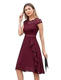 Odizli Cocktailkleid Damen Elegant Kurzarm Spitze Rüschen Chiffonkleid Hochzeitsgast Festlich Hochzeit Kurz Abendkleid Brautjungfernkleider Ballkleid Abschlusskleid Jugendweihe Kleider Weinrot M