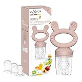 Luxior Fruchtsauger Baby Set fawn | Fruchtsauger für Baby + 3 Aufsätze | Schnuller zum Befüllen mit Obst, Gemüse, Brei & Baby Essen | Fruchtsauger Baby ab 3 Monate | BPA-freie Zahnungshilfe