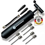 SPORTIVONETIC® Ballpumpe mit 6 Metallnadeln - 2 Kunsstoffnadeln - 1 Schlauch - geeignet für jeden Sportball Fußball, Volleyball, Basketball, Gymnastik Ball, Luftpumpe klein mit Nadel Nadeln schwarz