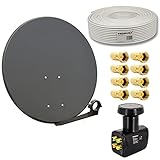 Premium X Satelliten-Komplettanlage 80cm Satellitenschüssel Anthrazit SAT Quad LNB 50m Kabel 8X F-Stecker für 4 Teilnehmer