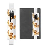 Weißes Leder-Stifthalter, Lesezeichen, YYHWHJDE kleiner Bär hält einen Baguette-Druck, verstellbares elastisches Band, 21,1–4,6 cm, für Notizbücher, Tagebücher, Handbücher, Planer