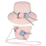 Apricitie Strohhut Kinder, Sonnenhut Tasche Set Strohhut Mädchen Weich Strandhut Floppy Straw Hats Beach Sun Hat für Mädchen Girls Kids Reise Outdoor 48-50cm