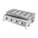 Tragbarer Gasgrill, 4-flammiger Gasgrill, Tischgasgrill, Profi Gasbräter Gastrobräter Edelstahl Gastrogrill, Einstellbare Grillhöhe 0-7cm, 57×39×17.5cm