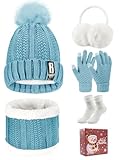Tuopua Wintermütze Handschuhe Damen Warme Beanie Winter Mütze Strickmütze Schal Gestrickte Handschuhe Verdickte Socken Plüsch Ohrenschützer Kombi Set, Hellblau mit Geschenkbox
