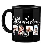 Tassendruck Schwarze Tasse mit Spruch - Allerbester Papa - zum selbst gestalten mit Foto-Collage für 4 Fotos, Geschenke für Papa, Geburtstagsgeschenk Papa, Vatertag | 300 ml, personalisiertes Geschenk