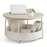 VASAGLE Couchtisch rund, Tisch mit Stauraum, Beistelltisch, Wohnzimmertisch mit Korb aus Stoff, modern, Metallrahmen, naturbeige-cremeweiß LCT244K01