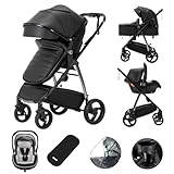 Kakbgee Leder 3-in-1 Kinderwagen, Kombi-Kinderwagen mit ECE R129 Babyschale, Buggy mit Einhand-Klappfunktion, Aluminium-Rahmen, Moskitonetz, Hochliegende Tragetasche für Neugeborene 0-4 Jahre