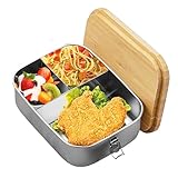 Tefola Brotdose Edelstahl mit Holzdeckel, 1200ML Bento Box Edelstahl mit Natürlichem Bambus Deckel, Brotdose mit 3 Fächern, Lunchbox mit Besteck Gabel und Löffel für Schule, Arbeit, Picknick