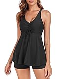 FLYILY Damen Zweiteilig Badeanzug Vorner Schnüren Racerback Bademode Plus Größe Tankini Set mit Boyshort(Black,3XL)