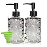 2 Glas Seifenspender Schwarz mit Trichter, 11oz Flüssigseifenspender mit Kunststoff Pumpkopf, Nachfüllbarer Seifenspender für Küche Badezimmer, Pumpflasche, Spülmittelspender, Duschgel Shampoo Spender