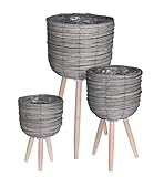 Spetebo 3er Set Rattan Blumenständer grau - Ø 30 cm / 25 cm / 21 cm - Pflanztopf auf Holz Beinen direkt bepflanzbar - Deko Blumen Topf Pflanz Kübel