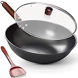 Wokpfanne mit Deckel, 33cm Wok Pfanne aus Karbonstahl zum Rühren und Braten mit Holzspatel, Wok aus Kohlenstoffstahl, nitrierter Antihaft-Chinesenwok mit flachem Boden für Induktion, Elektro- Gasherd