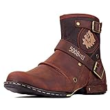 OSSTONE Herren Leder chukkastiefel Worker Biker Boots-Motorrad-Leder-Schuhe für reißverschluss Schnürstiefeletten Boots 5008-1-A-DE Rot Braun 9.5