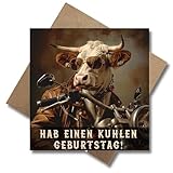 WBdesignz Lustige Geburtstagskarte „Hab einen kuhlen Geburtstag!“ – quadratisch – Kuh auf Motorrad – witzige Karte für Männer, Frauen & Freunde – cooler Humor inkl. Umschlag (125 x 125 mm)