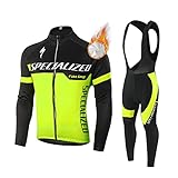 Herren Fahrradbekleidung Set Langarm Fleece Radtrikot Winddicht Radjacke + Lange Radhose Freizeithose (Grün, XXL)