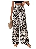 SweatyRocks Lockere Hosen Damen Elegant Weite Hose Leo Hose Weites Bein Damenhose Mit Gummizug Plissee Hosen Lang Strandhose Braun S