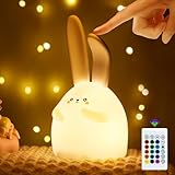 Nachtlicht Kinder Hase, 16 Farben Nachtlicht Dimmbar Nachttischlampe Touch mit Fernbedienung, 1200mAh USB-C Aufladung Silikon Timing Nachtlicht Baby Stilllicht Geschenke für Mädchen Kinderzimmer Deko