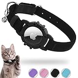 Airtag Katzenhalsband Samt, Integriertes Apple Air Tag Katzen Halsbänder, GPS, mit Airtag Halterung & Glocke Leichtes Tracker, Mädchen/Jungen, Schwarz