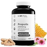 Propolis 2000 mg. 180 Kapseln für eine 6-monatige Kur. Extrakte aus Propolis mit 10% Galangin, Echinacea mit 4% Polyphenolen und Eukalyptus. Hergestellt von HIVITAL
