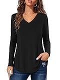 Florboom Tshirt Damen Langarm Shirts V Ausschnitt Oberteil Lang T-Shirts Casual Longshirt Schwarz XL