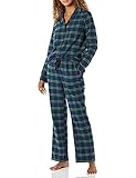 Amazon Essentials Damen Flanell-Schlafanzug mit Shirt mit Langen Ärmeln und Knopfleiste vorne und Hose, Grün Kobaltblau Blackwatch Plaid, S