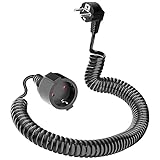 Schutzkontakt Verlängerung, Spiralverlängerung dehnbar von 1.26m bis 8m Max, IP20 Verlängerungskabel(230V/16 A), Spiral-Kabel mit Schutzkontaktwickelstecker & Schutzkontaktkupplung, Schwarz