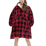 Michorinee Sherpa Hoodie Decke Sweatshirt Kuscheldecke Ultra Weiche Warme Original TV Decke mit Ärmel und Tasche Flanell Fleece Kapuzen Pullover für Erwachsene Männer Damen Teenager Rot Kariert