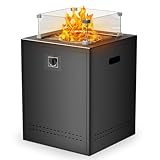 Electactic Feuerstelle, Propan, rauchfreie Feuerstelle, Außenheizung, Terrasse mit Lavasteinen, Glas-Windschutz und Abdeckung, 50,8 cm, quadratisch, Feuerstelle, Tisch für Balkon, Garten, Outdoor,