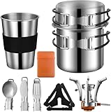 Camping Kochgeschirr Mess Kit, Edelstahl Camping Kochset, Backpacking Kochen Set Backpacking Ausrüstung mit Mini Herd für Camping, Backpacking, Picknick, Wandern