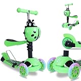 Habib Gruppe 3-in-1 Kinderroller für Jungen und Mädchen - Abnehmbarer Sitz, LED-Räder, Höheverstellbarer Lenker, Tretroller - Kinder Roller Outdoor Spiel, für 2-8 Jahre Kinder - Grün