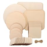 Wenrescry 53 Stück Unbehandelte Holzplatten zum Basteln, Rund und Quadratisch, für Malerei, Graffiti, Pyrografie und Dekoration, mit Hanfseil und 7 Größen