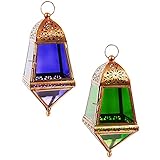 2er Set Orientalisches Windlicht Hängewindlicht Glas Yassar groß | Orientalische Teelichthalter in 2 Farben | Marokkanische Windlichter hängend als Hängewindlichter