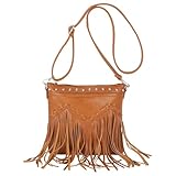 MEGAUK Umhängetasche mit Fransen Nieten Damen Schultertasche Fransentasche aus Kunstwildleder (08816 Braun)
