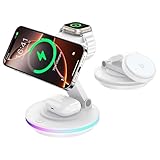 Mag Safe Ladegerät, 3 in 1 Ladestation für Apple Watch und iPhone, faltbar, drehbar mit Lichteinstellung, Wireless Charger Mag Safe Ladeständer für iPhone 16/15/14, AirPods (Ohne Adapter)-Weiß